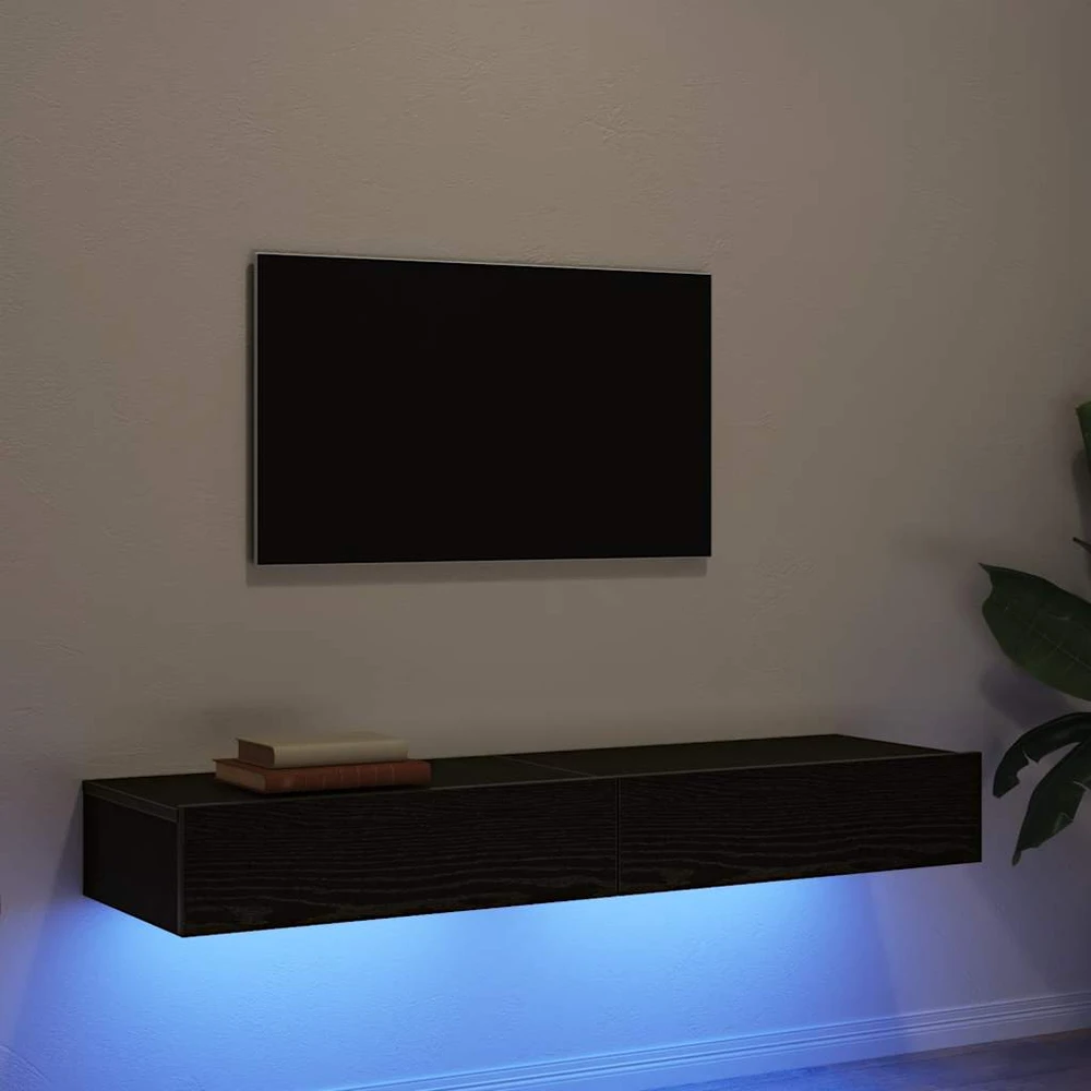 TV staliukas TV spintelės su LED lemputėmis, 2 vnt., juodo ąžuolo spalvos, 60x35x15,5 cm