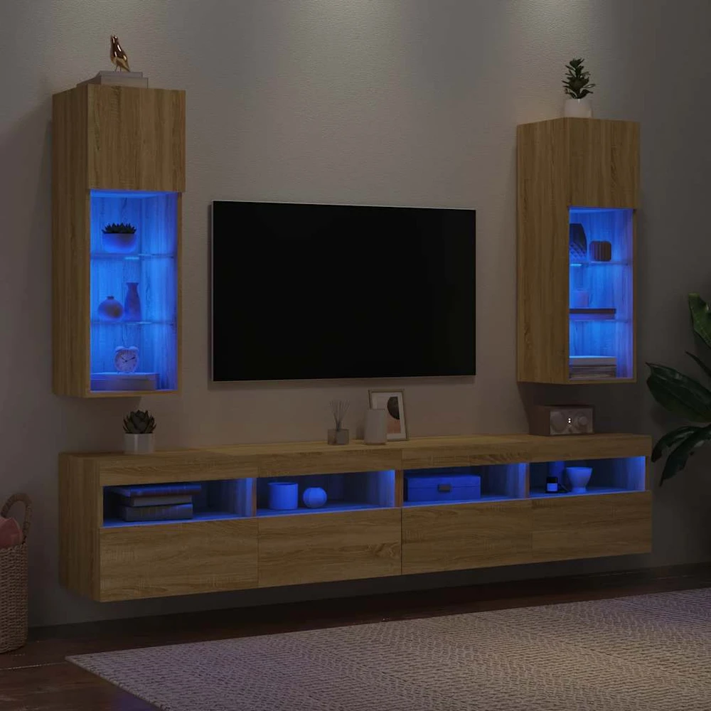 TV staliukas TV spintelės su LED lemputėmis, 2vnt., ąžuolo, 30,5x30x90cm