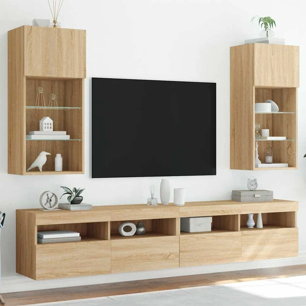 TV staliukas TV spintelės su LED lemputėmis, 2vnt., ąžuolo, 40,5x30x90cm