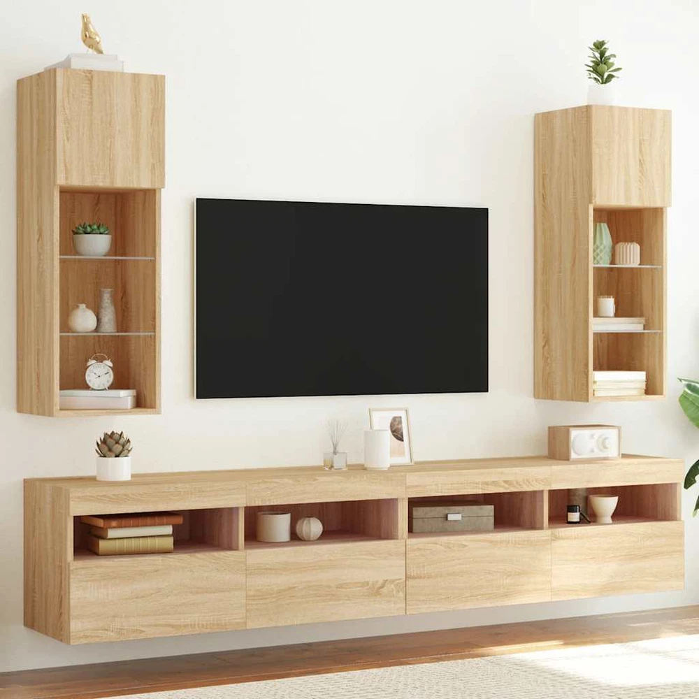 TV staliukas TV spintelės su LED lemputėmis, 2vnt., ąžuolo, 30,5x30x90cm