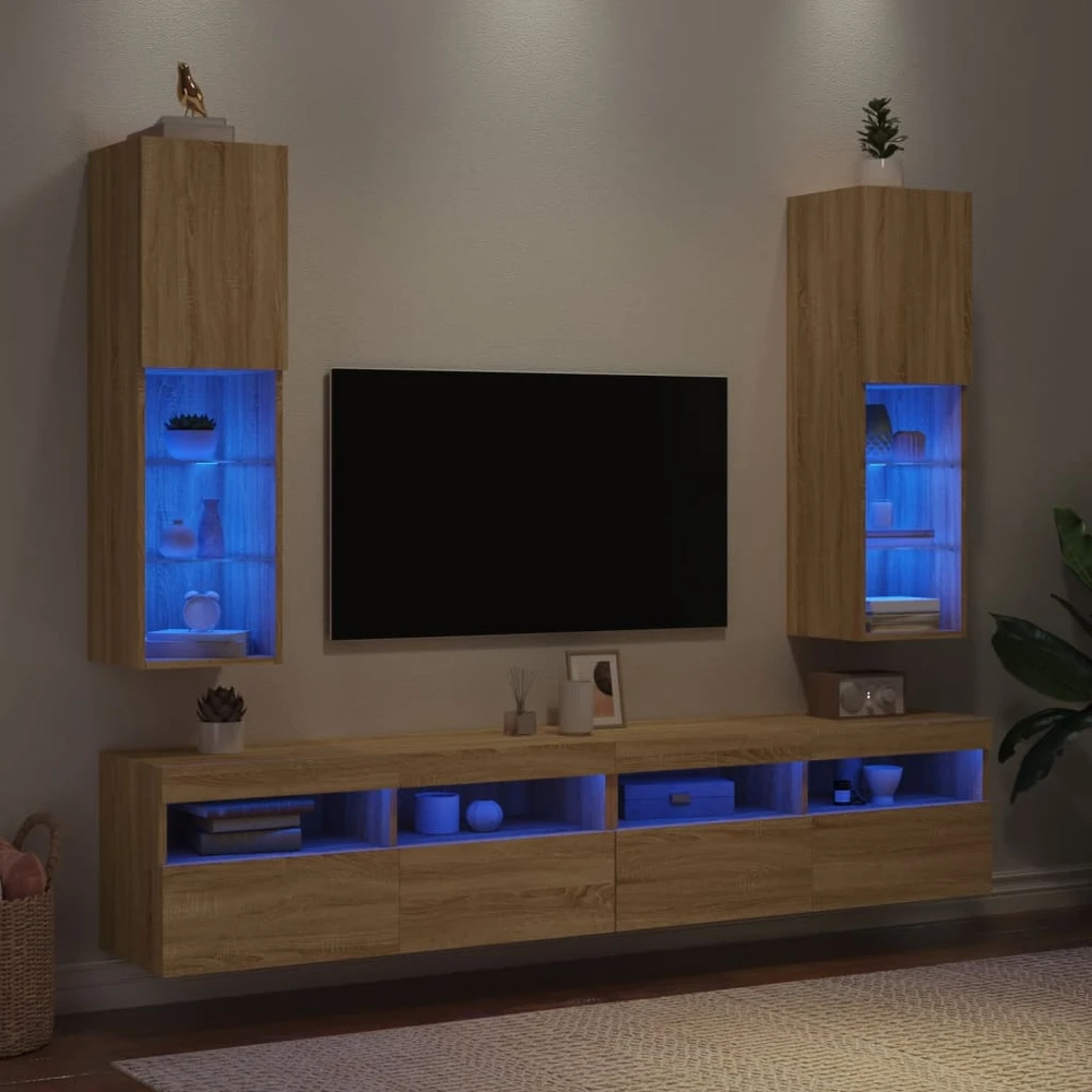 TV staliukas TV spintelės su LED lemputėmis, 2vnt., ąžuolo, 30,5x30x102cm