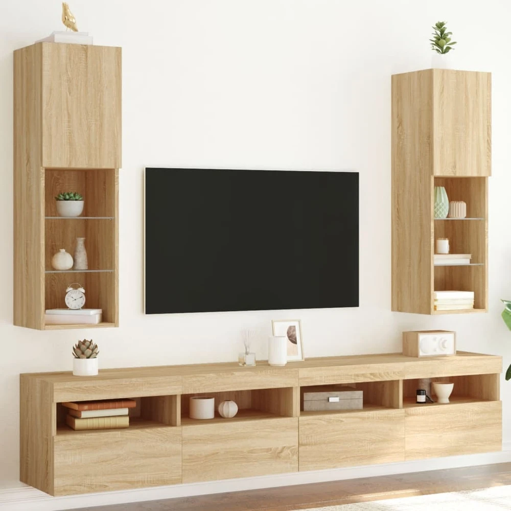 TV staliukas TV spintelės su LED lemputėmis, 2vnt., ąžuolo, 30,5x30x102cm
