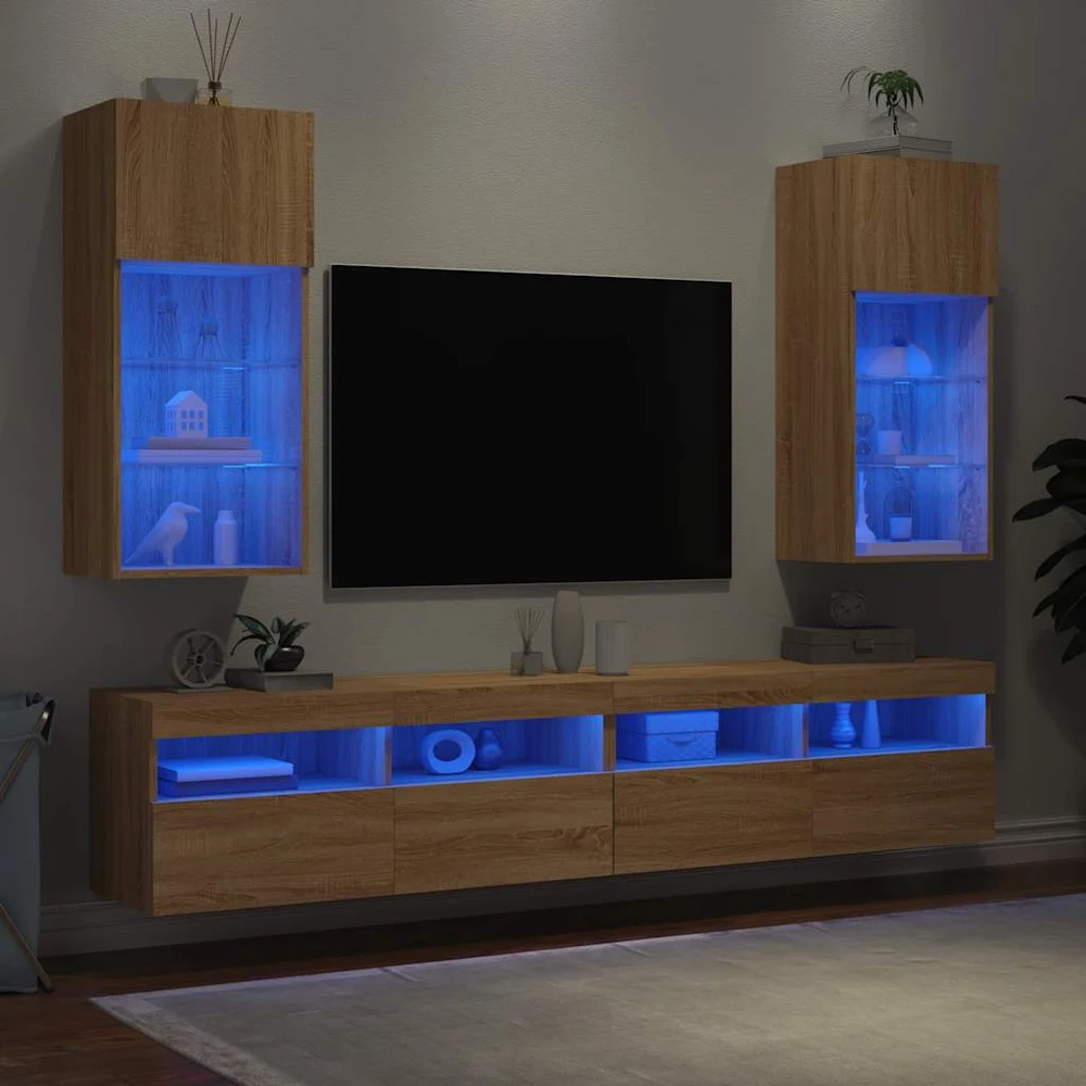 TV staliukas TV spintelės su LED lemputėmis, 2vnt., ąžuolo, 40,5x30x90cm