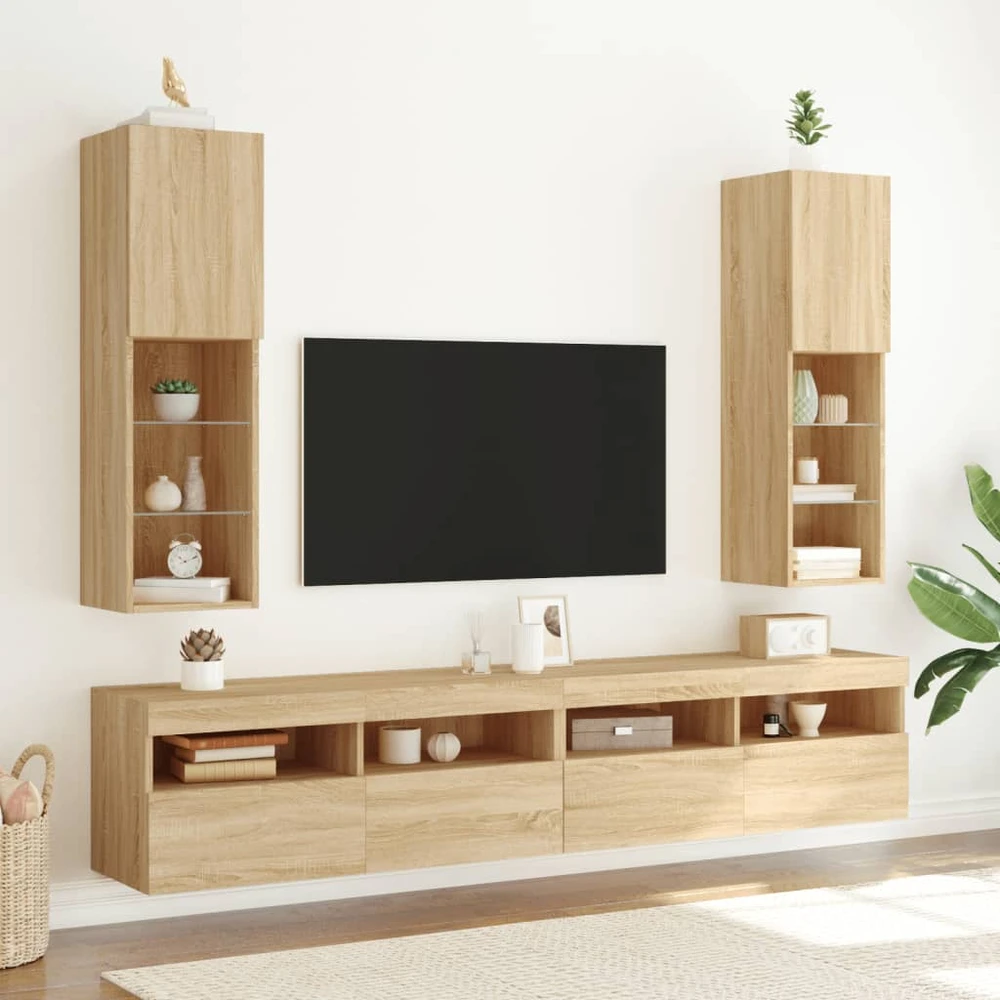 TV staliukas TV spintelės su LED lemputėmis, 2vnt., ąžuolo, 30,5x30x102cm