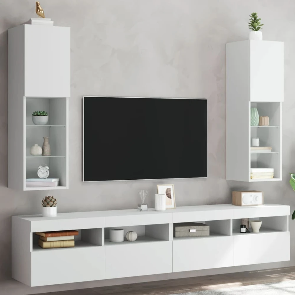 TV staliukas TV spintelės su LED lemputėmis, 2vnt., baltos, 30,5x30x102cm