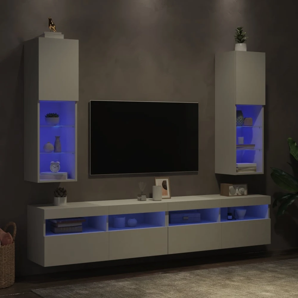 TV staliukas TV spintelės su LED lemputėmis, 2vnt., baltos, 30,5x30x102cm
