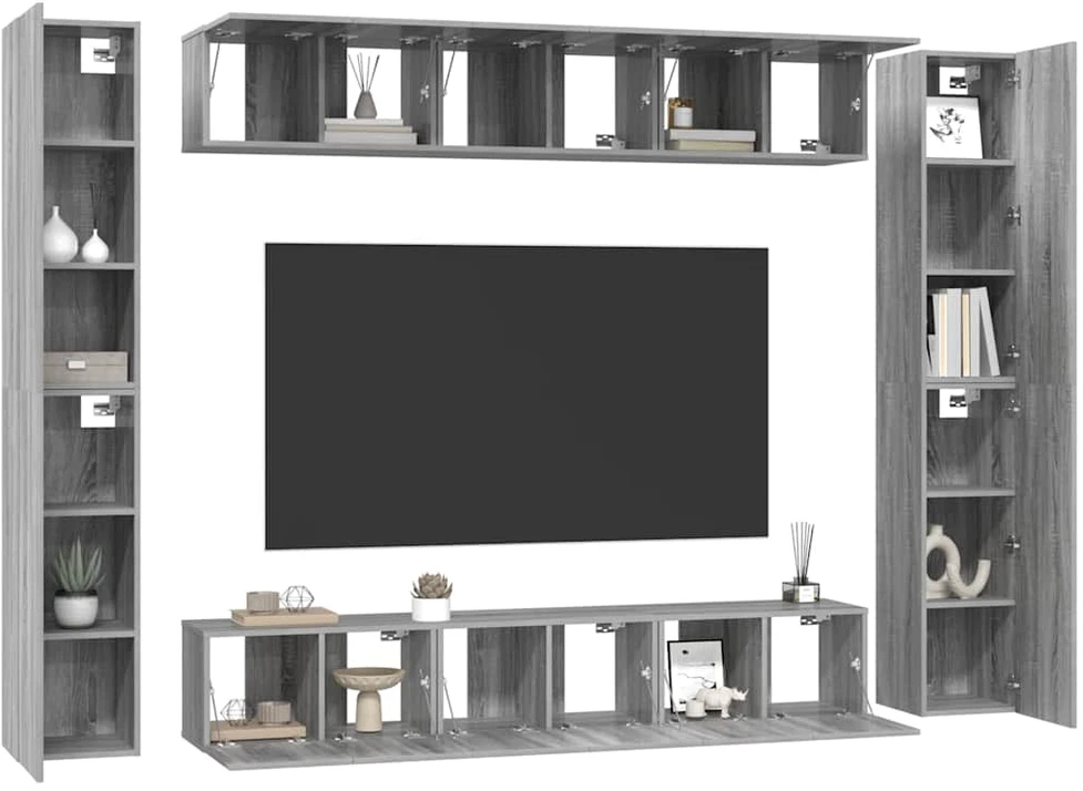 TV staliukas TV spintelių komplektas, 10 dalių, pilkas ąžuolo, mediena