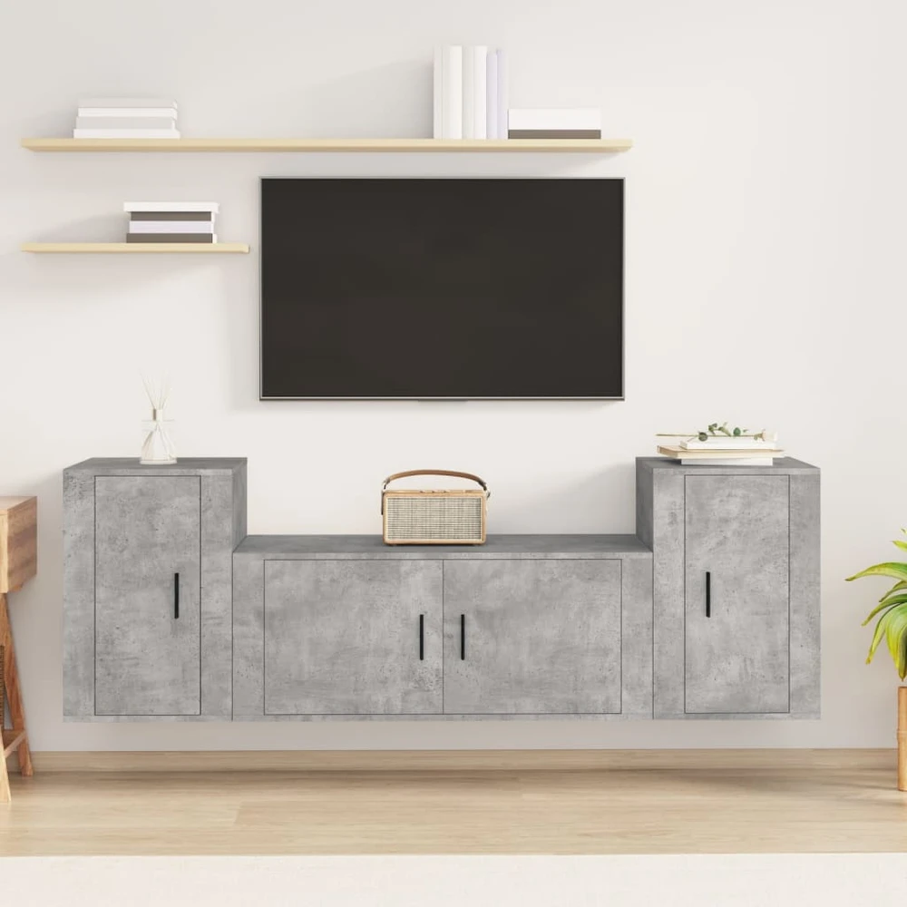 TV staliukas TV spintelių komplektas, 3 dalių, betono pilkas, mediena