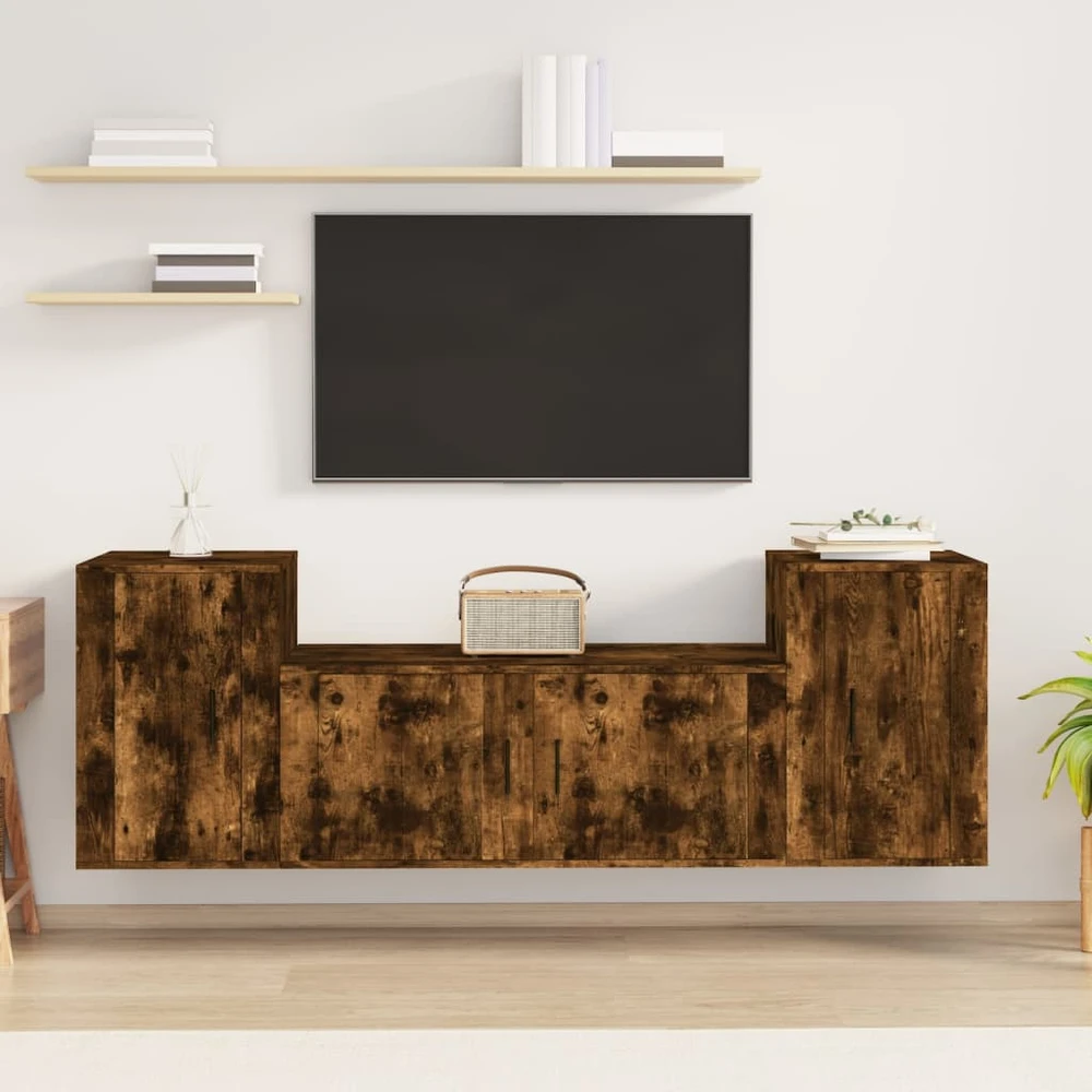 TV staliukas TV spintelių komplektas, 3 dalių, dūminio ąžuolo, mediena