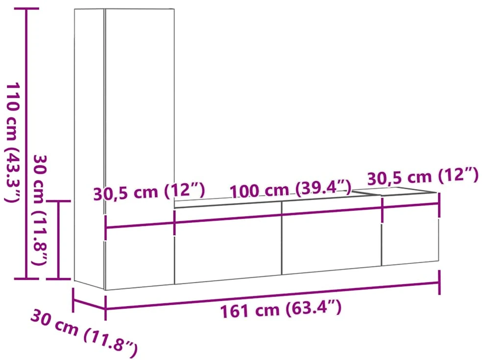 TV staliukas TV spintelių komplektas, 3 dalių, dūminio ąžuolo, mediena