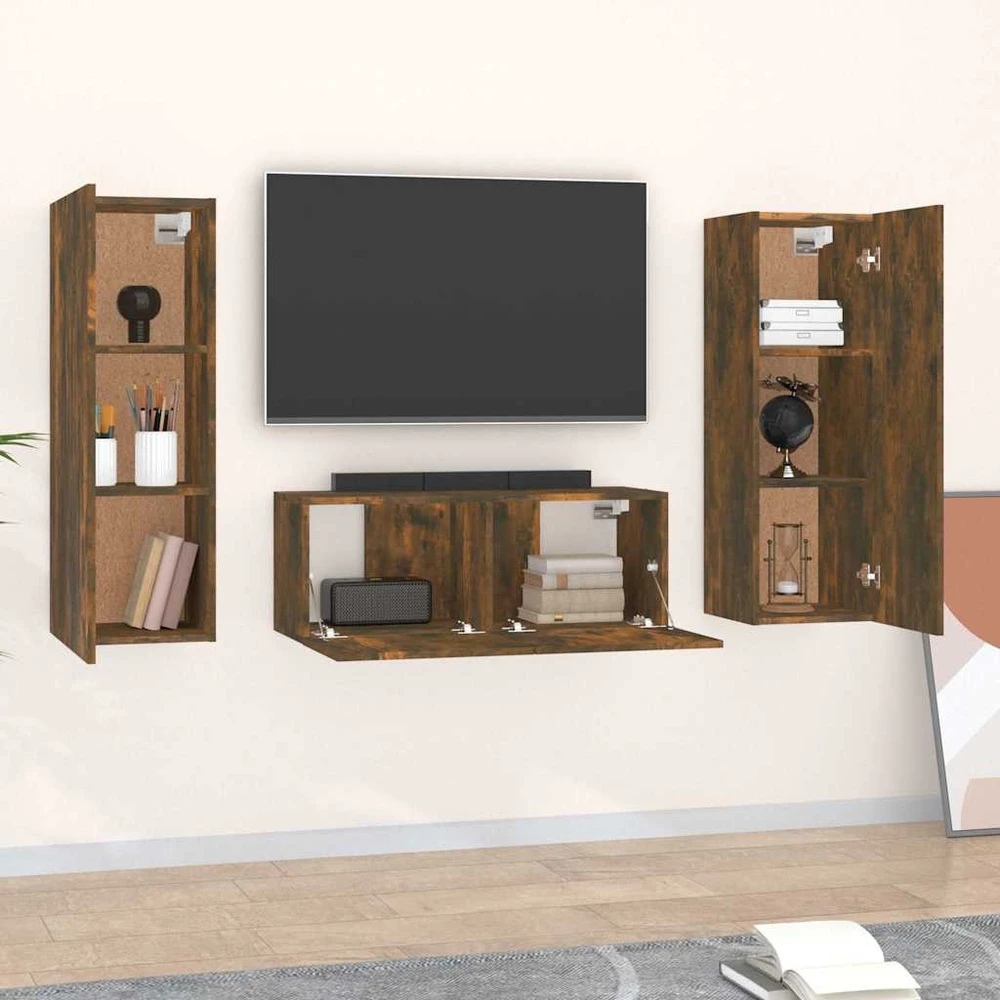 TV spintelių komplektas, 3 dalių, dūminio ąžuolo, mediena