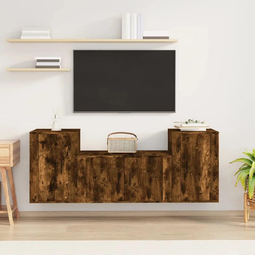 TV staliukas TV spintelių komplektas, 3 dalių, dūminio ąžuolo, mediena