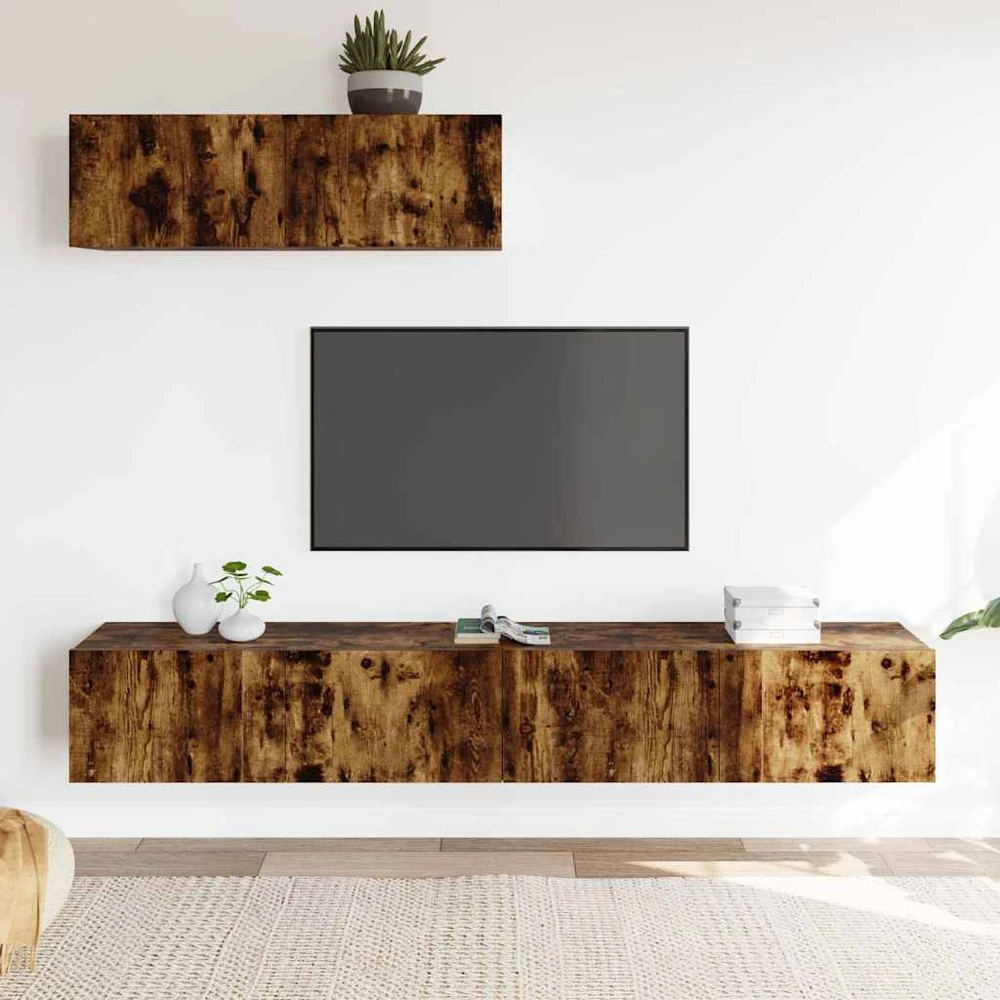 TV staliukas TV spintelių komplektas, 3 dalių, dūminio ąžuolo, mediena