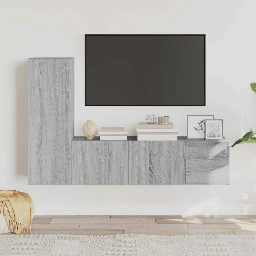 TV spintelių komplektas, 3 dalių, pilkas ąžuolo, mediena