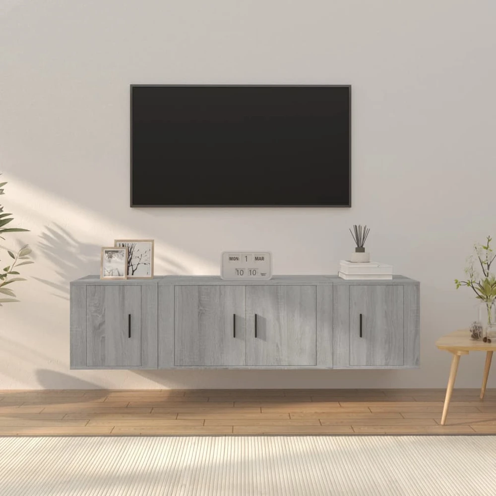 TV staliukas TV spintelių komplektas, 3 dalių, pilkas ąžuolo, mediena