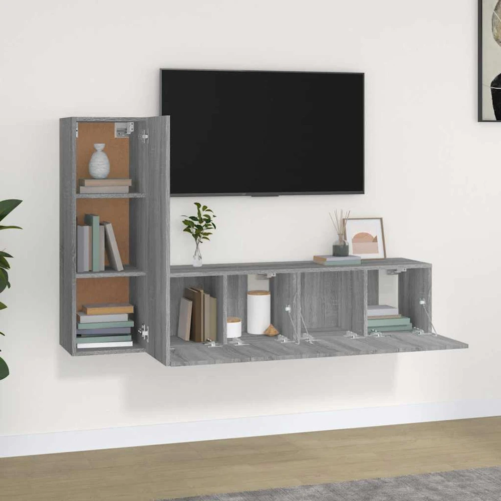 TV staliukas TV spintelių komplektas, 3 dalių, pilkas ąžuolo, mediena