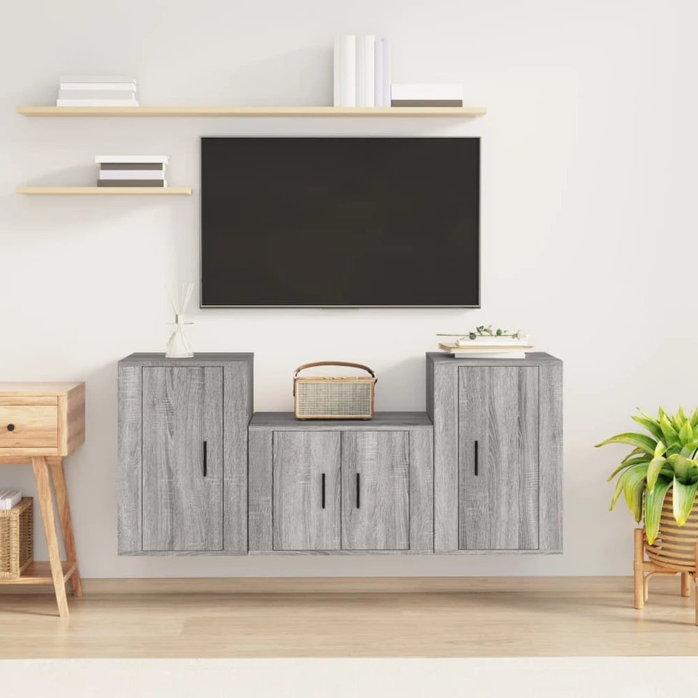 TV staliukas TV spintelių komplektas, 3 dalių, pilkas ąžuolo, mediena