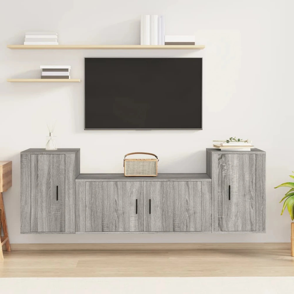 TV staliukas TV spintelių komplektas, 3 dalių, pilkas ąžuolo, mediena