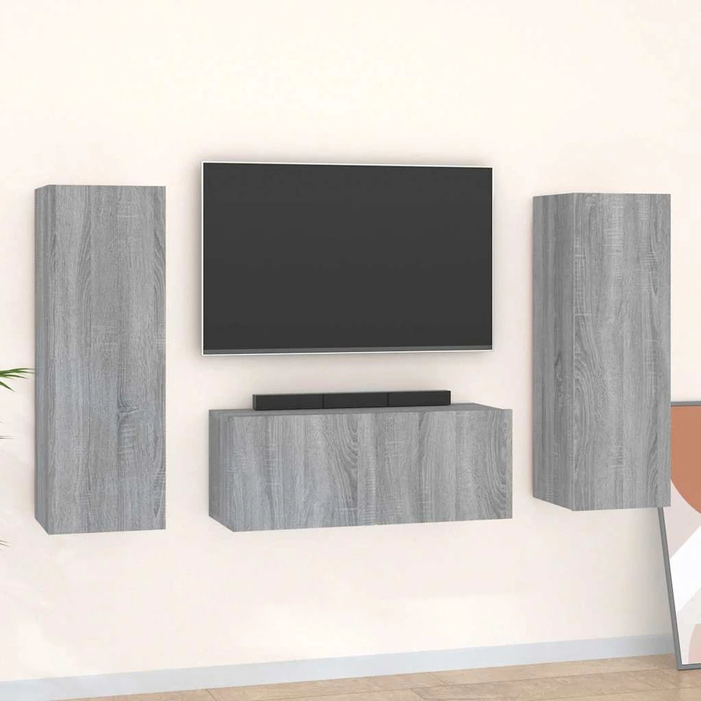 TV staliukas TV spintelių komplektas, 3 dalių, pilkas ąžuolo, mediena