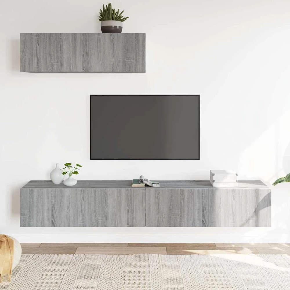 TV staliukas TV spintelių komplektas, 3 dalių, pilkas ąžuolo, mediena