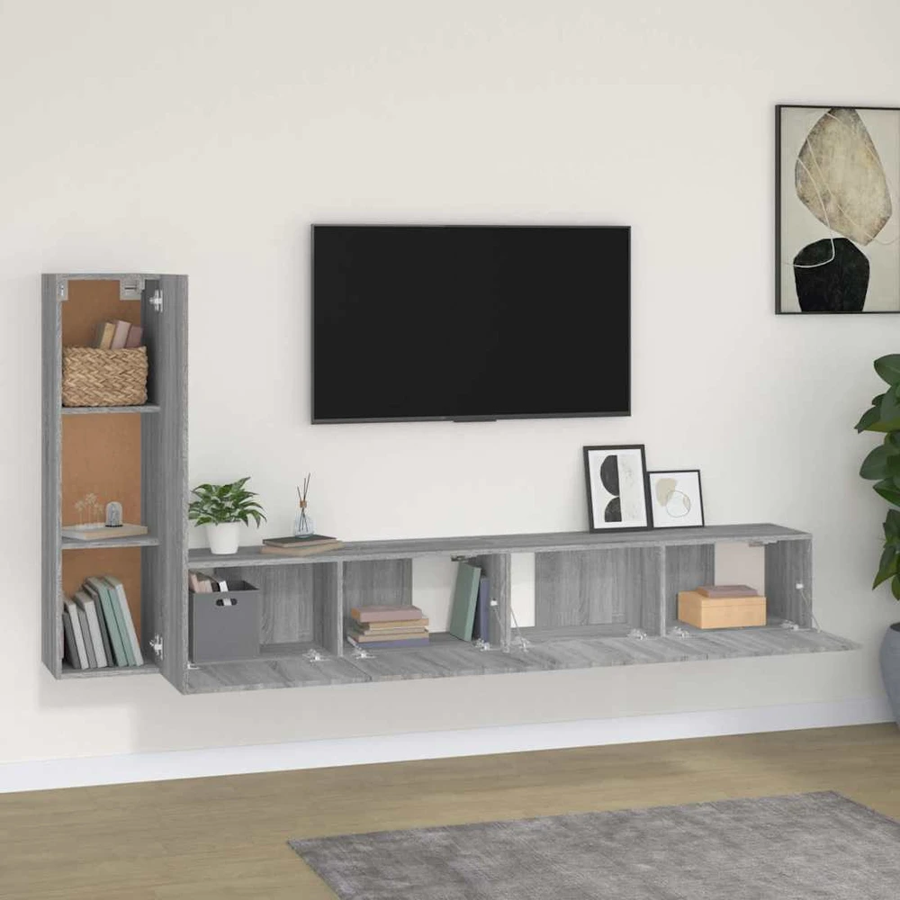 TV staliukas TV spintelių komplektas, 3 dalių, pilkas ąžuolo, mediena