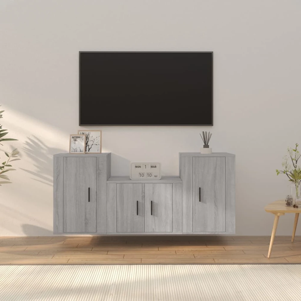 TV staliukas TV spintelių komplektas, 3 dalių, pilkas ąžuolo, mediena