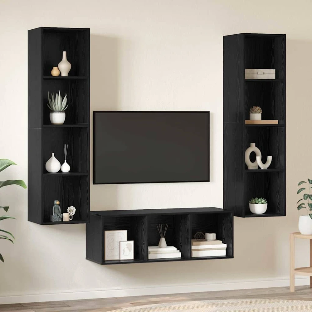 TV staliukas TV spintelių komplektas 3 vnt. Juodas ąžuolas Apdirbta mediena