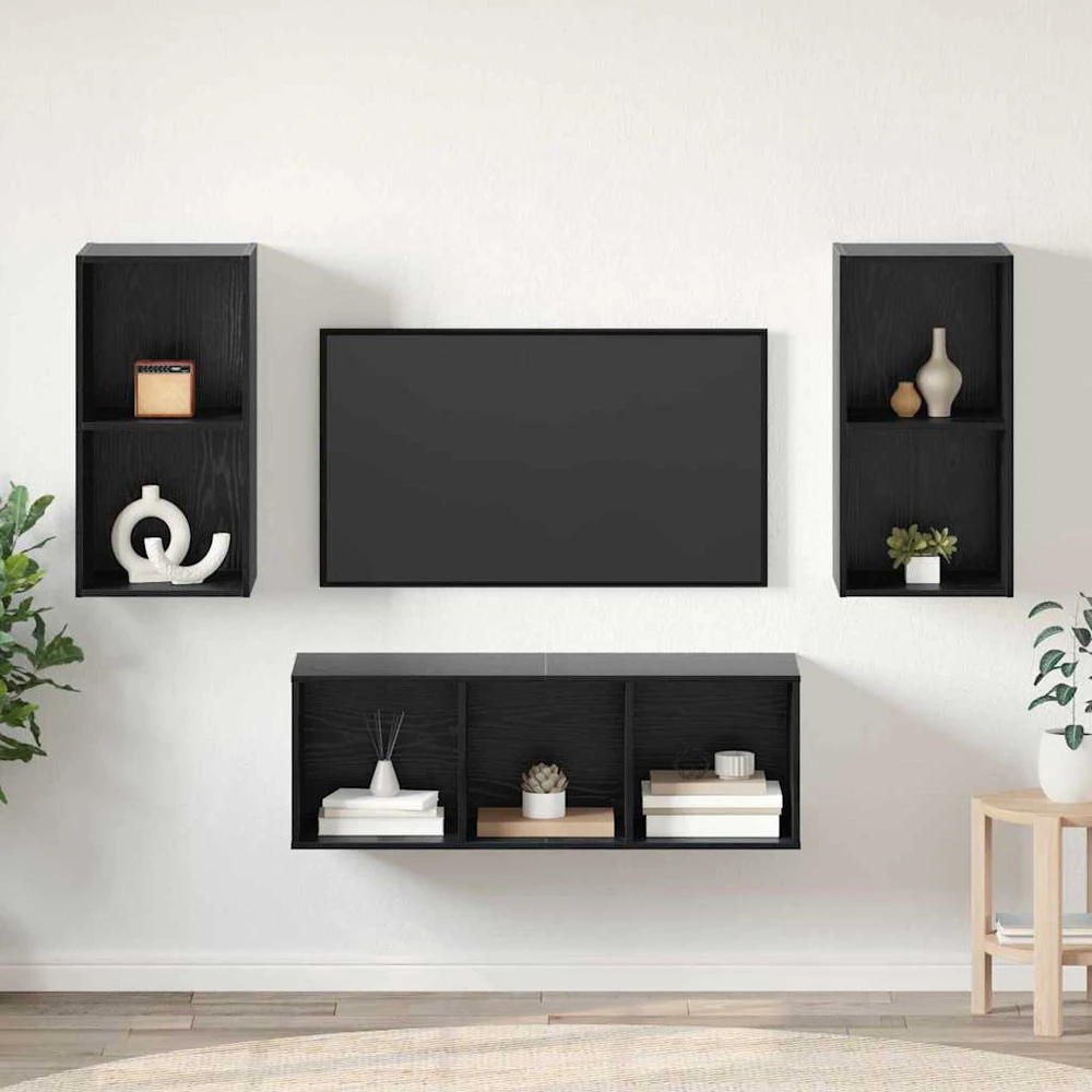 TV staliukas TV spintelių komplektas 3 vnt. Juodas ąžuolas Apdirbta mediena