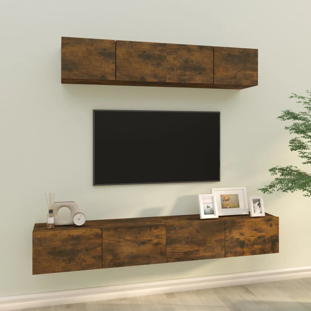 TV staliukas TV spintelių komplektas, 4 dalių, dūminio ąžuolo, mediena