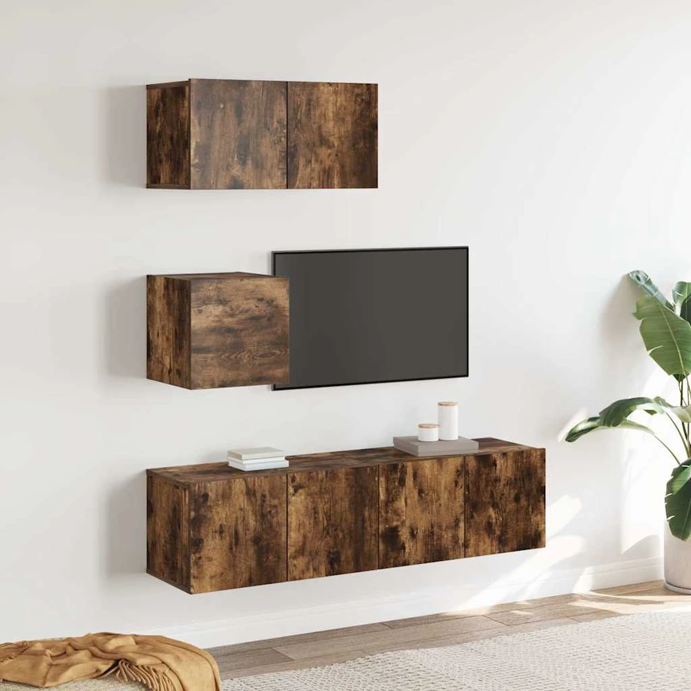 TV staliukas TV spintelių komplektas, 4 dalių, dūminio ąžuolo, mediena