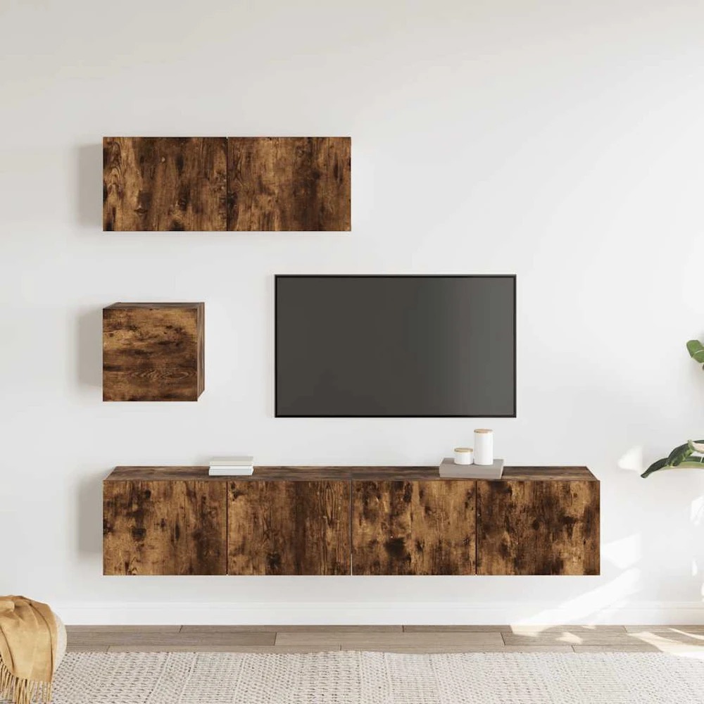 TV staliukas TV spintelių komplektas, 4 dalių, dūminio ąžuolo, mediena