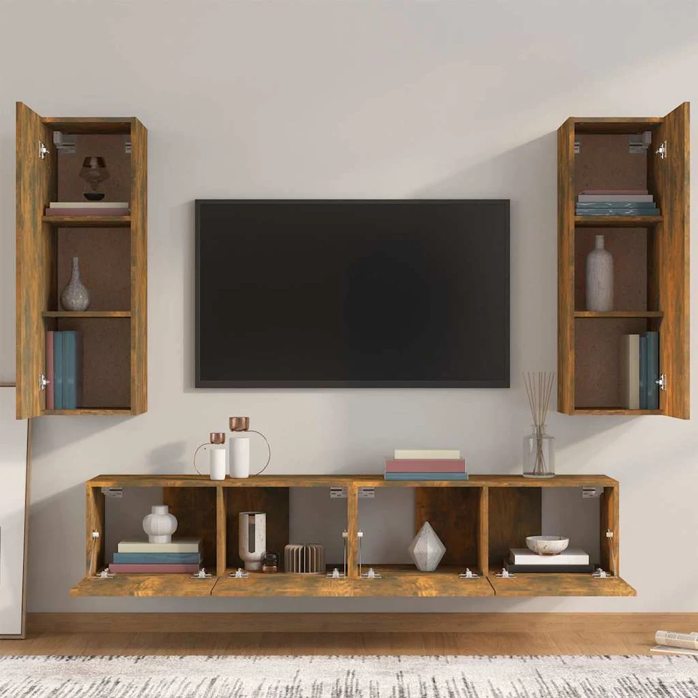 TV staliukas TV spintelių komplektas, 4 dalių, dūminio ąžuolo, mediena