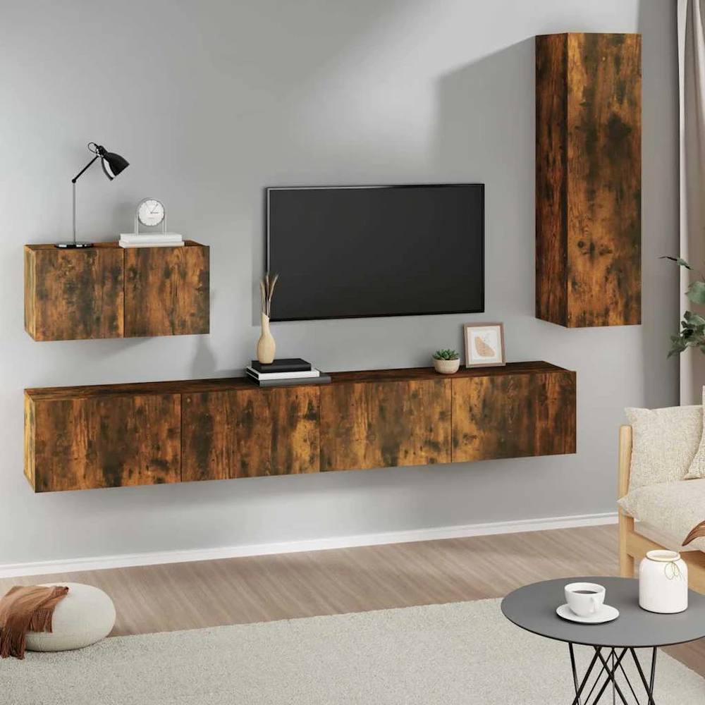 TV staliukas TV spintelių komplektas, 4 dalių, dūminio ąžuolo, mediena