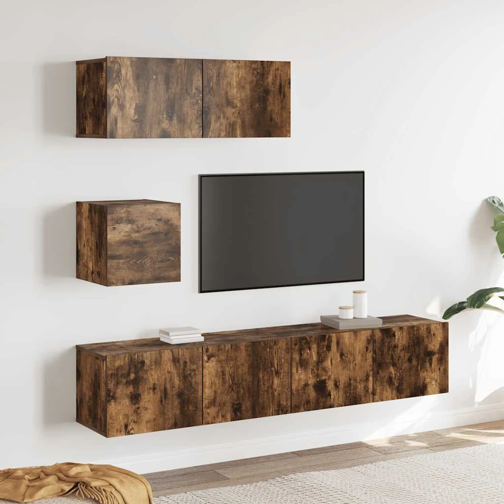 TV staliukas TV spintelių komplektas, 4 dalių, dūminio ąžuolo, mediena