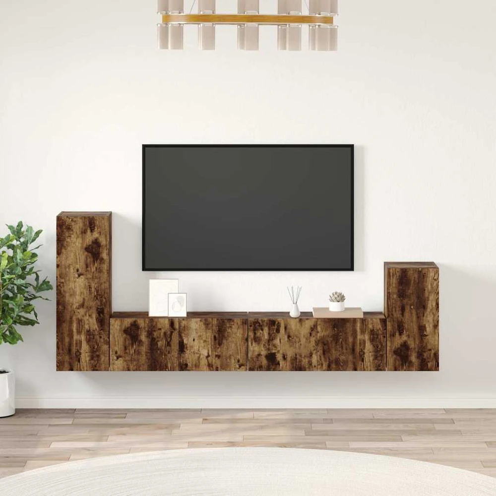 TV staliukas TV spintelių komplektas, 4 dalių, dūminio ąžuolo, mediena