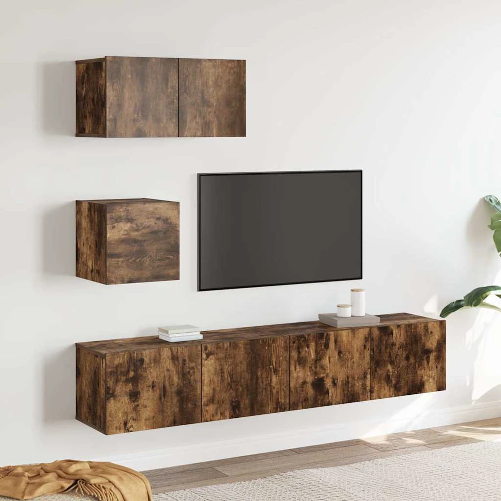 TV staliukas TV spintelių komplektas, 4 dalių, dūminio ąžuolo, mediena