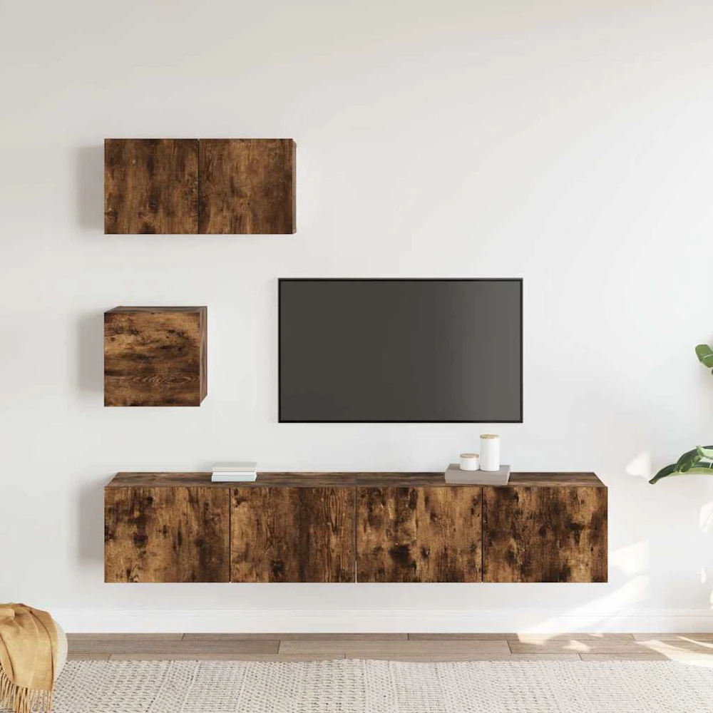 TV staliukas TV spintelių komplektas, 4 dalių, dūminio ąžuolo, mediena
