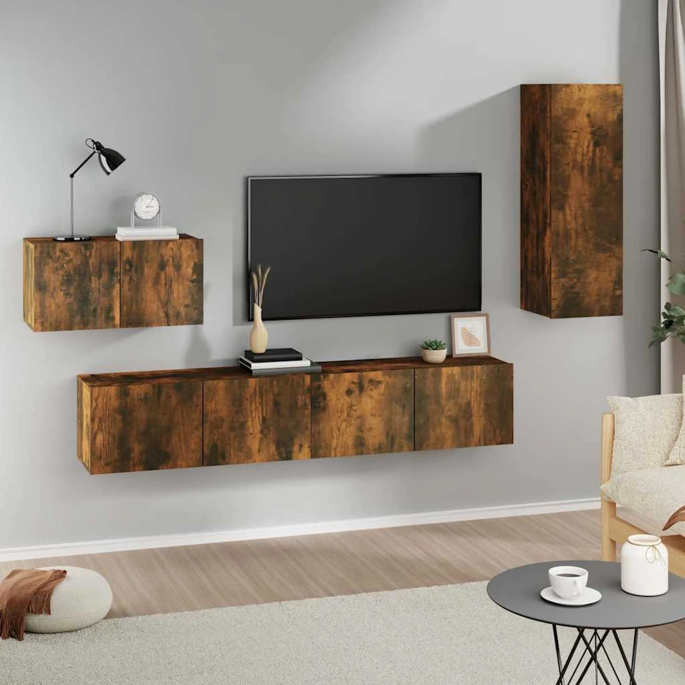 TV staliukas TV spintelių komplektas, 4 dalių, dūminio ąžuolo, mediena