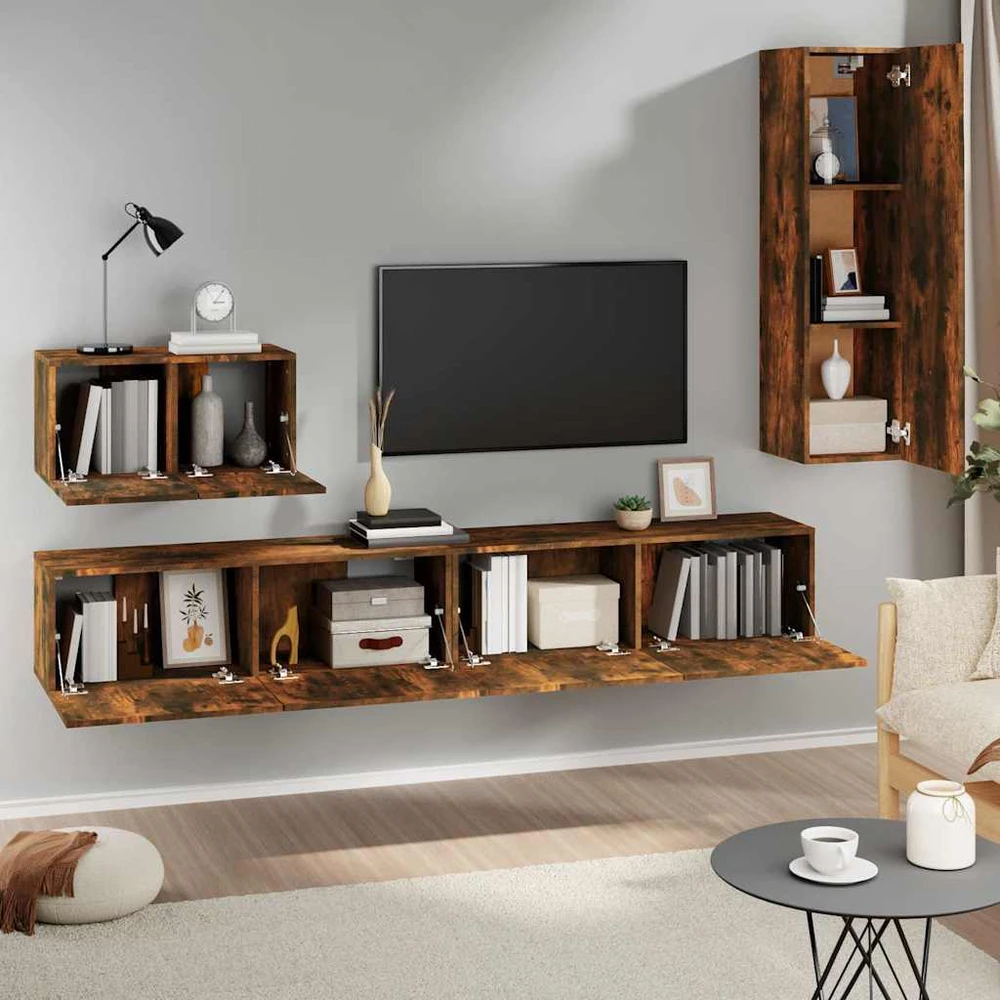 TV staliukas TV spintelių komplektas, 4 dalių, dūminio ąžuolo, mediena