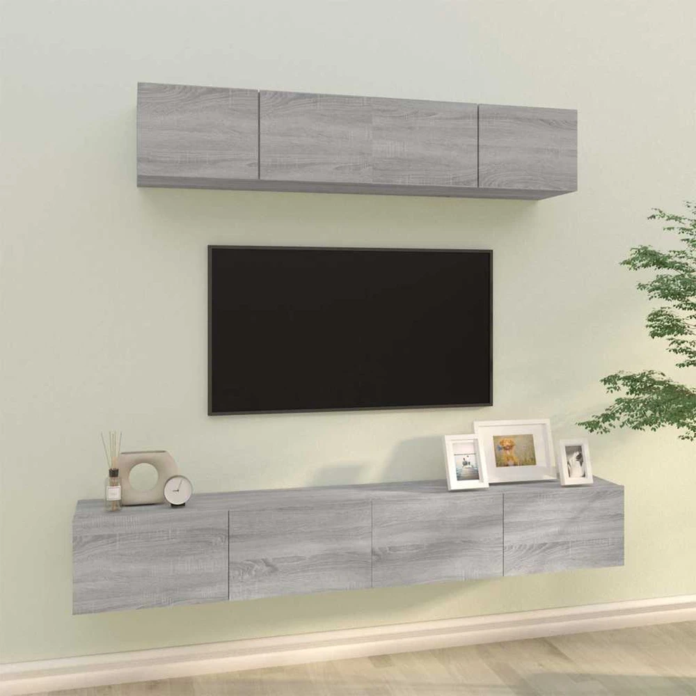 TV staliukas TV spintelių komplektas, 4 dalių, pilkas ąžuolo, mediena