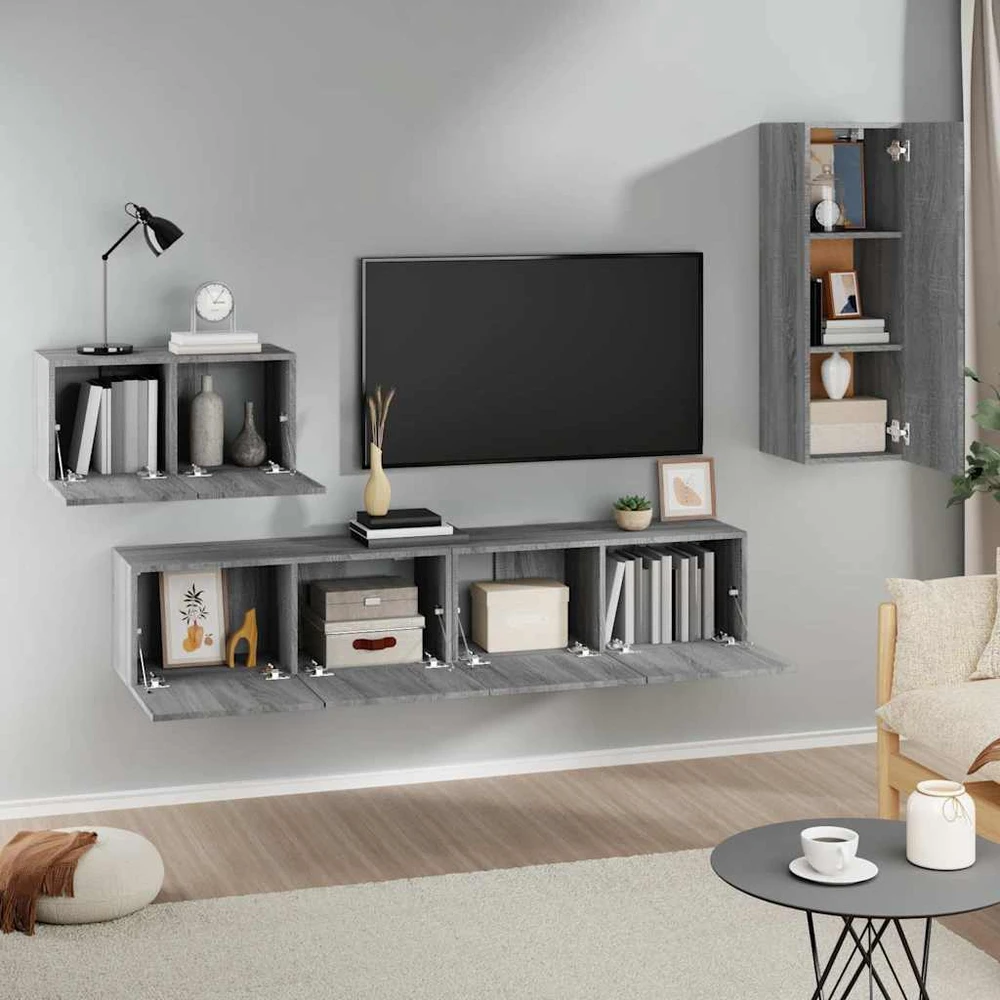 TV staliukas TV spintelių komplektas, 4 dalių, pilkas ąžuolo, mediena