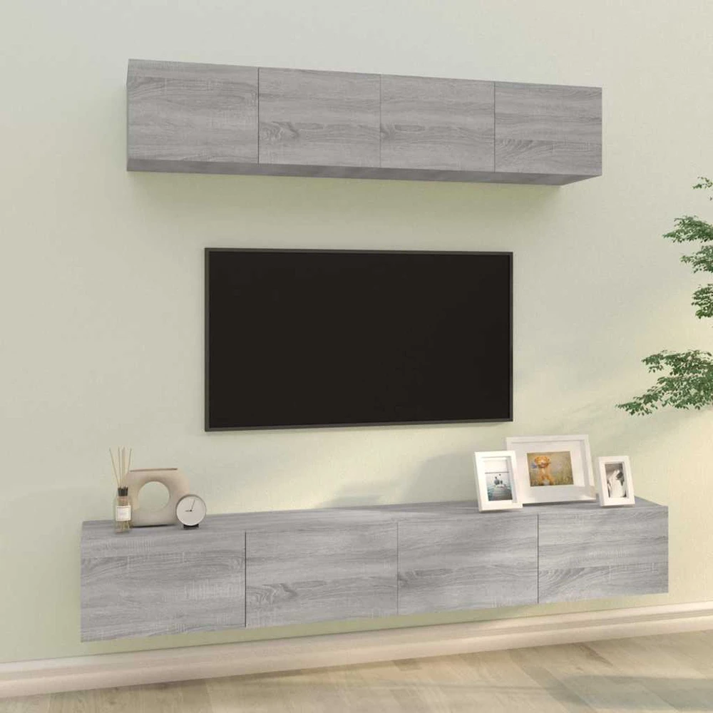 TV staliukas TV spintelių komplektas, 4 dalių, pilkas ąžuolo, mediena
