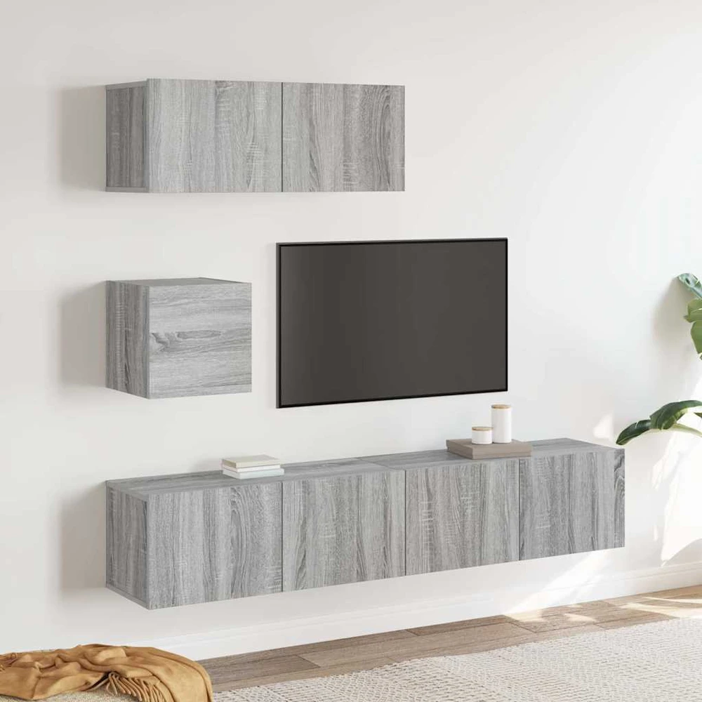 TV staliukas TV spintelių komplektas, 4 dalių, pilkas ąžuolo, mediena