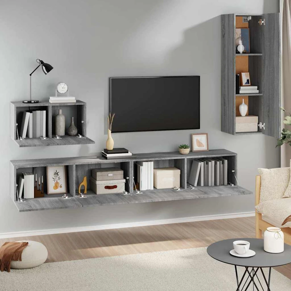 TV staliukas TV spintelių komplektas, 4 dalių, pilkas ąžuolo, mediena