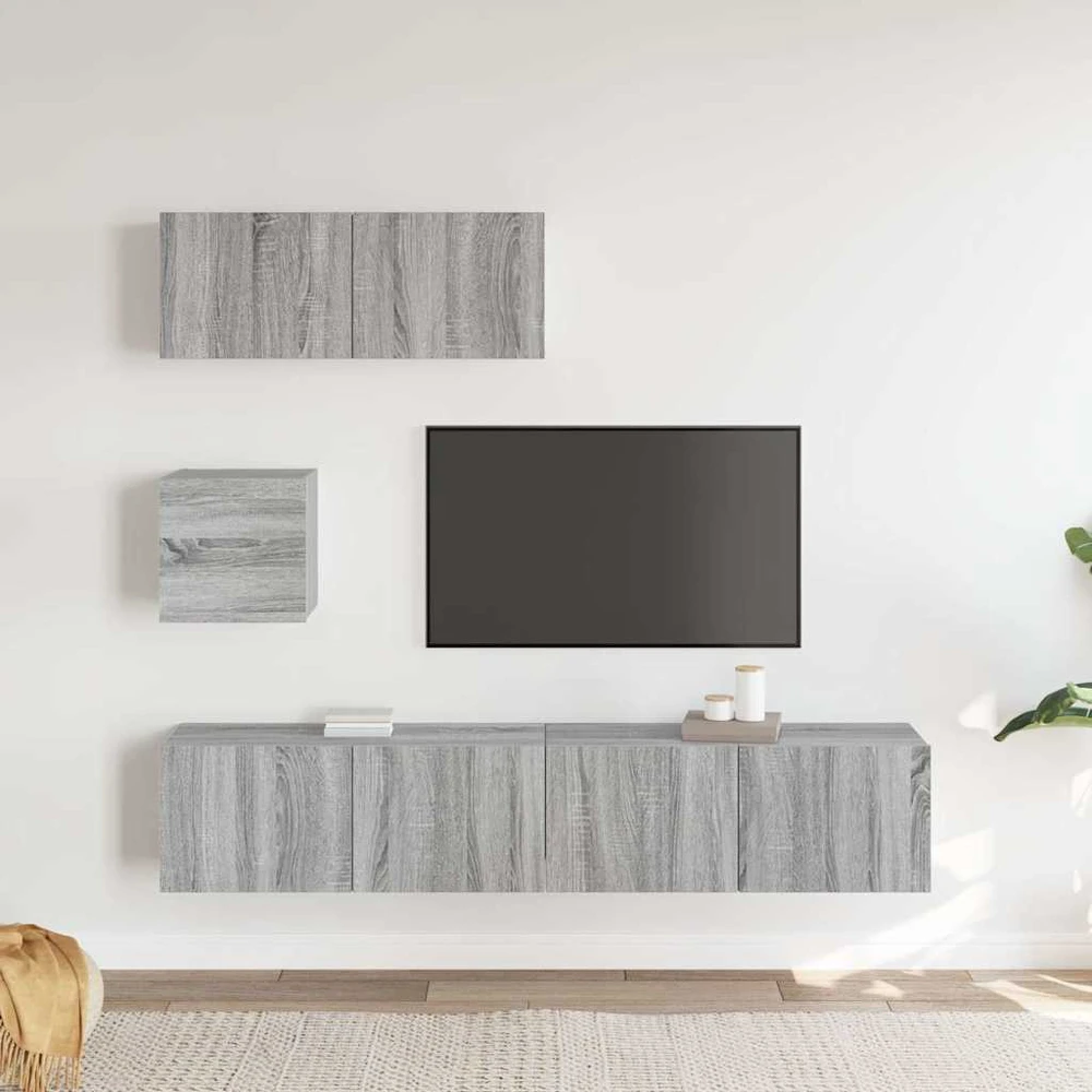 TV staliukas TV spintelių komplektas, 4 dalių, pilkas ąžuolo, mediena