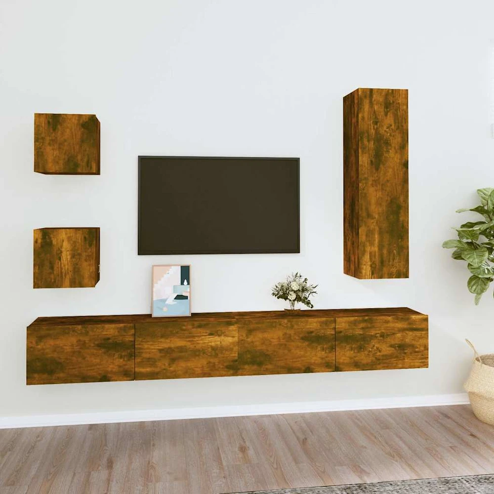 TV staliukas TV spintelių komplektas, 5 dalių, dūminio ąžuolo, mediena