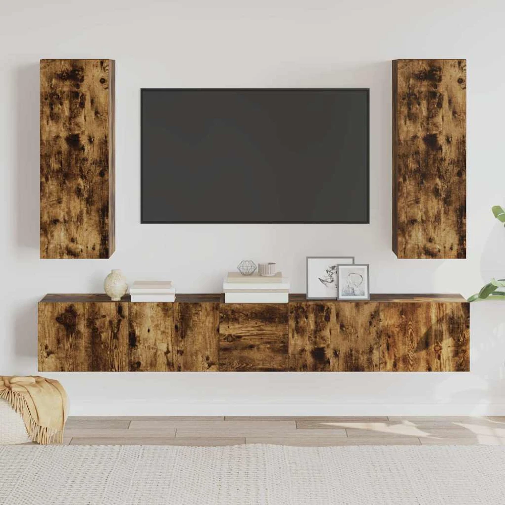 TV staliukas TV spintelių komplektas, 5 dalių, dūminio ąžuolo, mediena