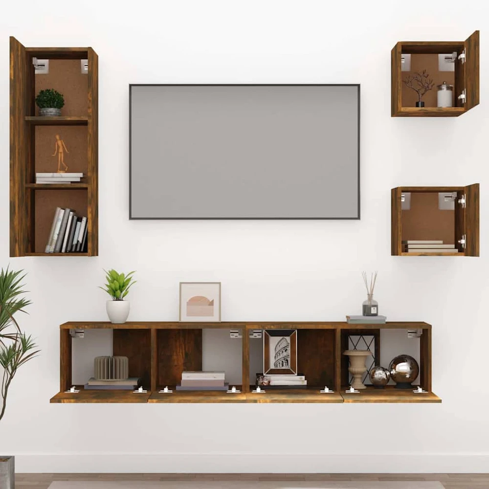 TV staliukas TV spintelių komplektas, 5 dalių, dūminio ąžuolo, mediena