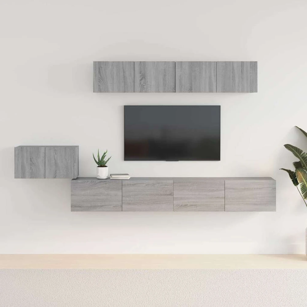 TV staliukas TV spintelių komplektas, 5 dalių, pilkas ąžuolo, mediena