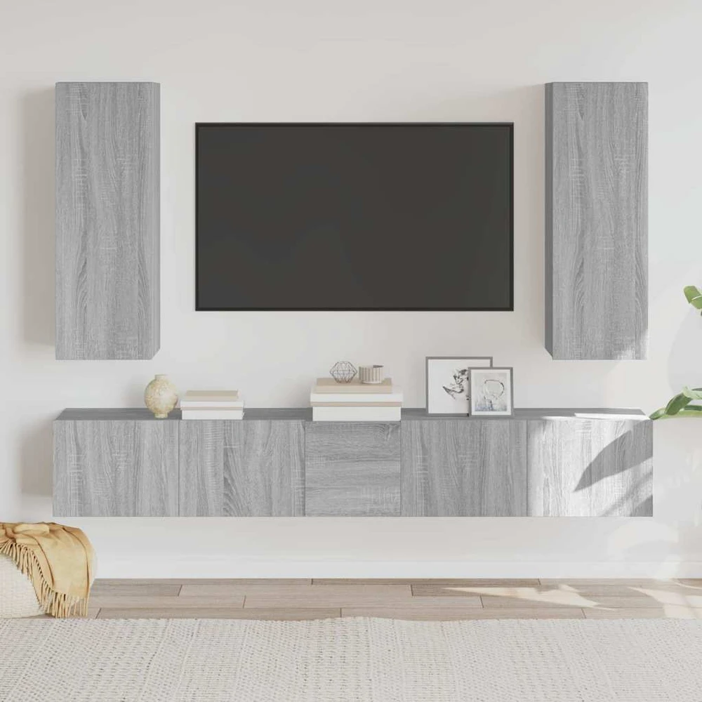 TV staliukas TV spintelių komplektas, 5 dalių, pilkas ąžuolo, mediena